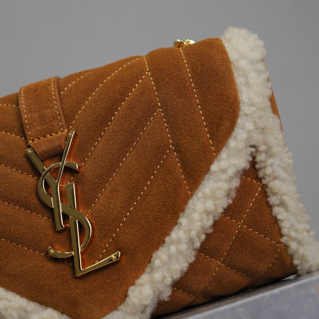 ENVELOPE CHAIN BAG 21 IN BRONZE BROWN SUEDE AND WHITE SHEARLING TRIM GOLD HARDWARE