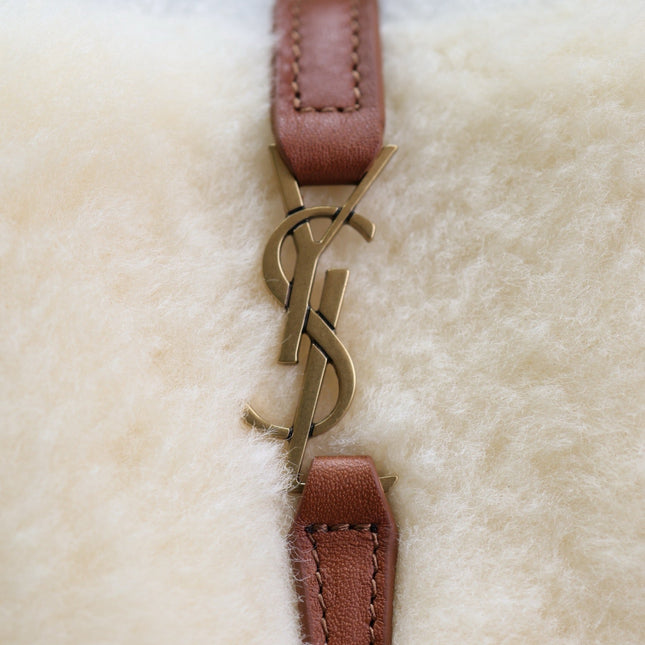 LE 37 MINI BUCKET BAG 15 IN CREAM SHEARLING AND BROWN LEATHER TRIM