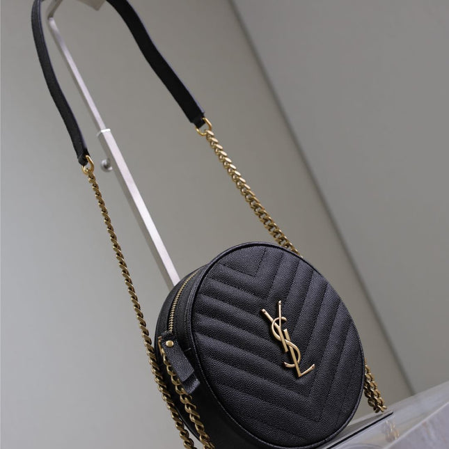 VINYLE SMALL ROUND BAG 17 IN BLACK CAVIAR LEATHER GOLD HARDWARE
