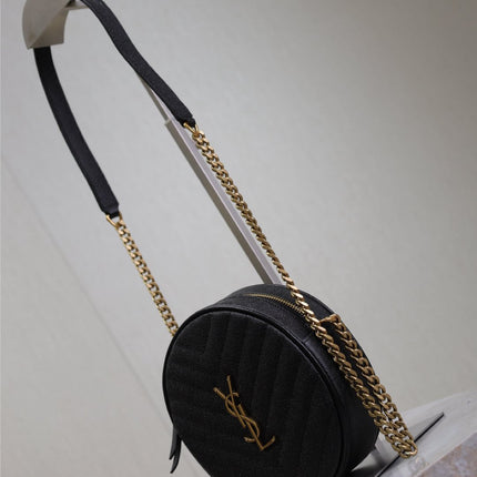 VINYLE SMALL ROUND BAG 17 IN BLACK CAVIAR LEATHER GOLD HARDWARE