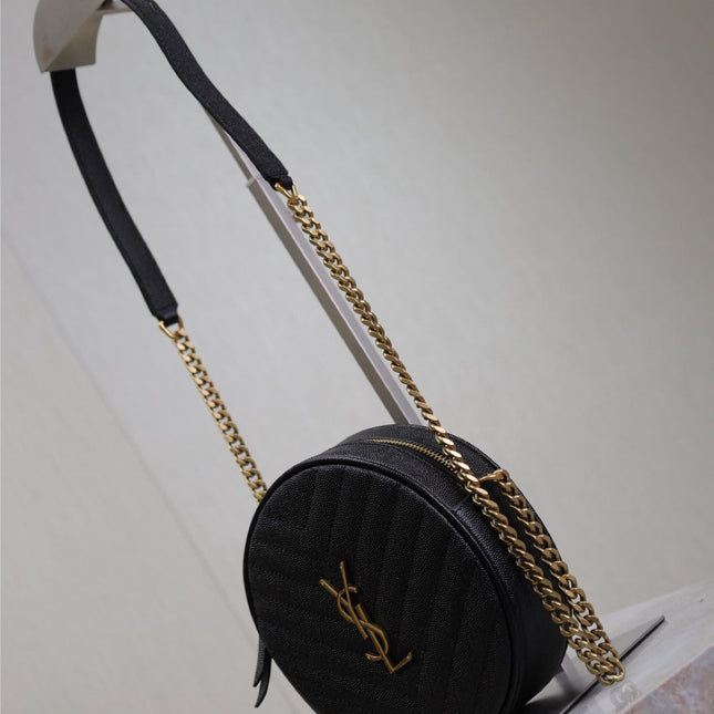 VINYLE SMALL ROUND BAG 17 IN BLACK CAVIAR LEATHER GOLD HARDWARE