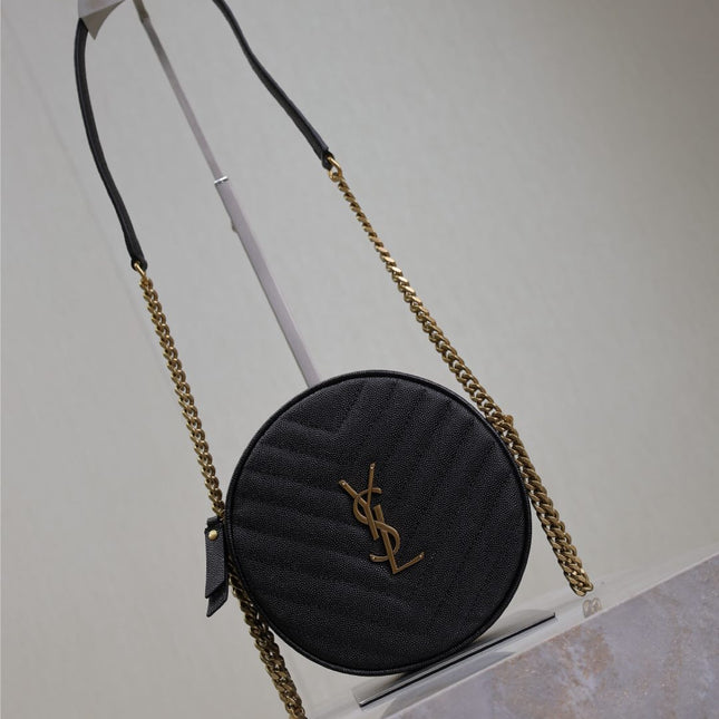 VINYLE SMALL ROUND BAG 17 IN BLACK CAVIAR LEATHER GOLD HARDWARE
