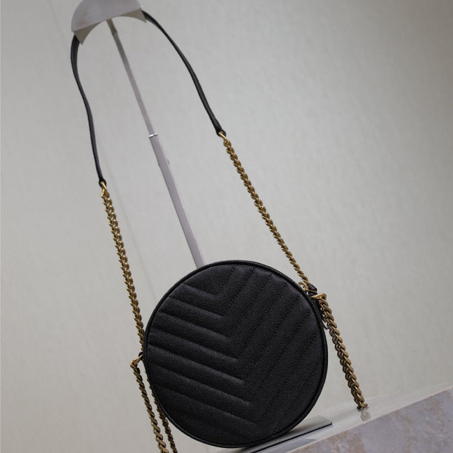 VINYLE SMALL ROUND BAG 17 IN BLACK CAVIAR LEATHER GOLD HARDWARE