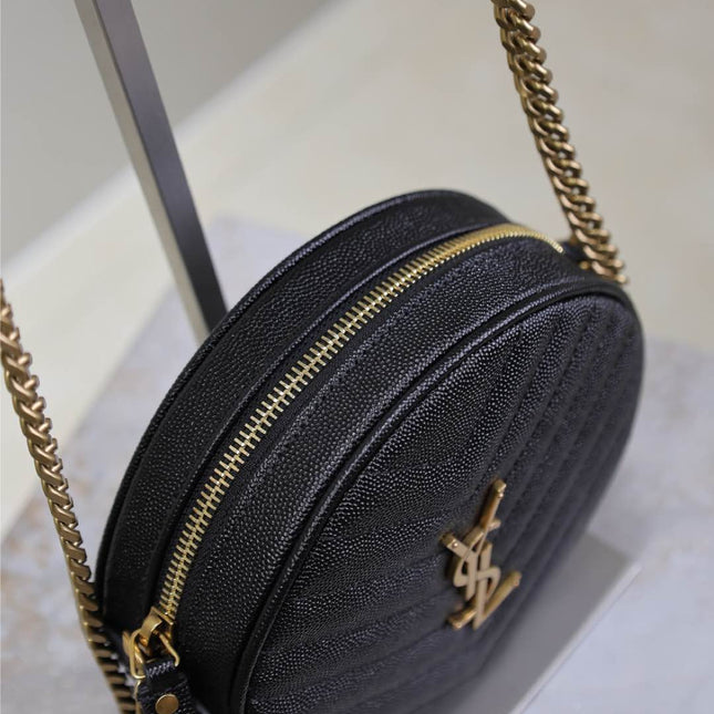 VINYLE SMALL ROUND BAG 17 IN BLACK CAVIAR LEATHER GOLD HARDWARE
