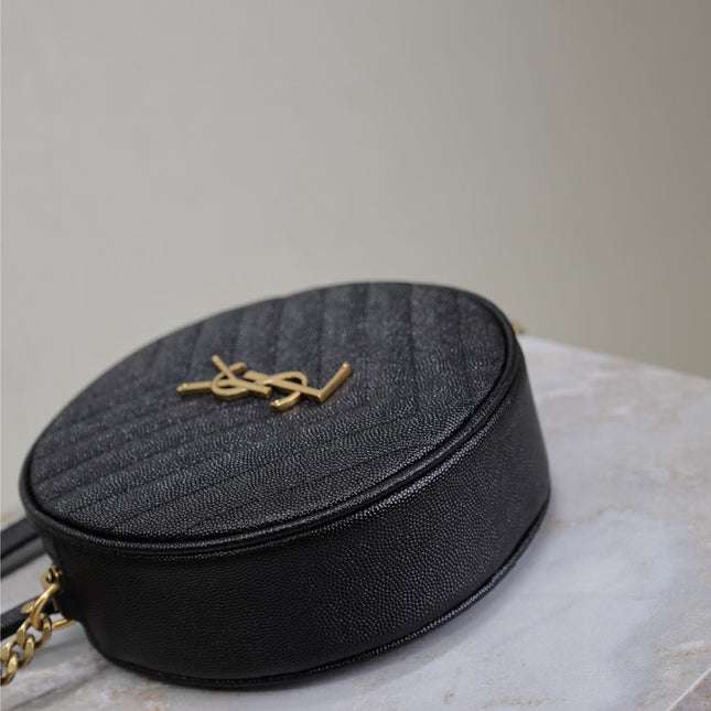 VINYLE SMALL ROUND BAG 17 IN BLACK CAVIAR LEATHER GOLD HARDWARE