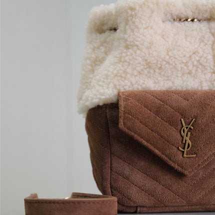 JOE MINI BUCKET BAG 19 IN WHITE SHEARLING AND BROWN SUEDE