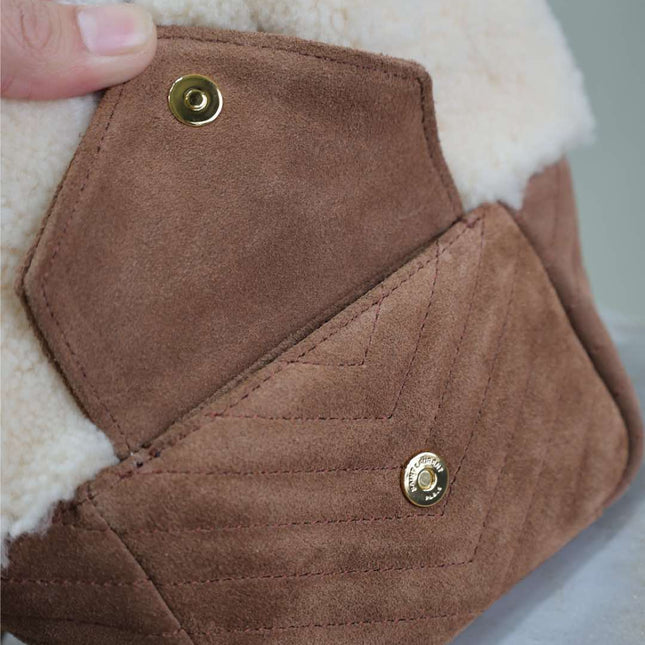 JOE MINI BUCKET BAG 19 IN WHITE SHEARLING AND BROWN SUEDE