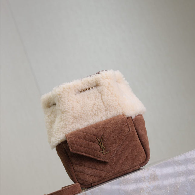 JOE MINI BUCKET BAG 19 IN WHITE SHEARLING AND BROWN SUEDE