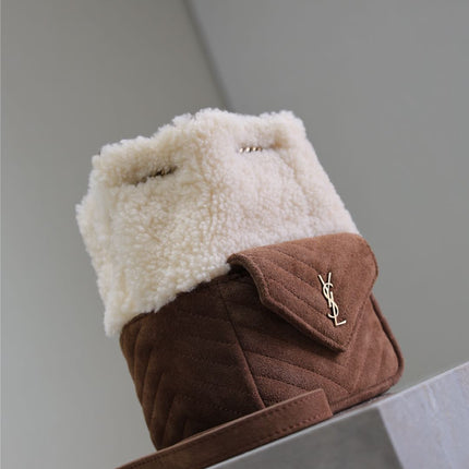 JOE MINI BUCKET BAG 19 IN WHITE SHEARLING AND BROWN SUEDE