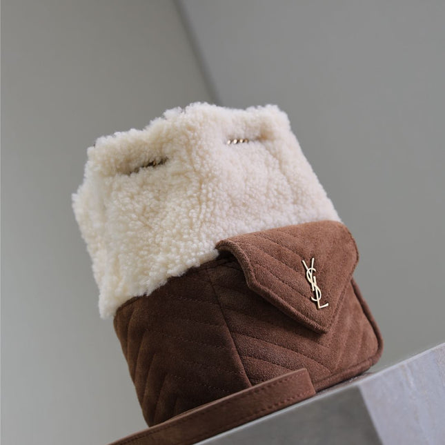 JOE MINI BUCKET BAG 19 IN WHITE SHEARLING AND BROWN SUEDE