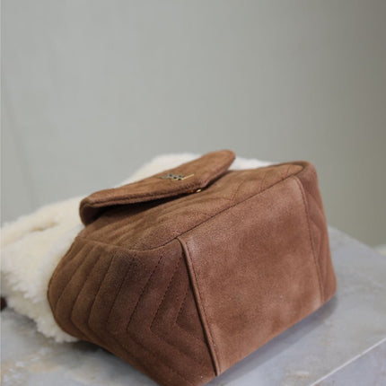 JOE MINI BUCKET BAG 19 IN WHITE SHEARLING AND BROWN SUEDE