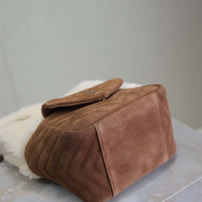 JOE MINI BUCKET BAG 19 IN WHITE SHEARLING AND BROWN SUEDE