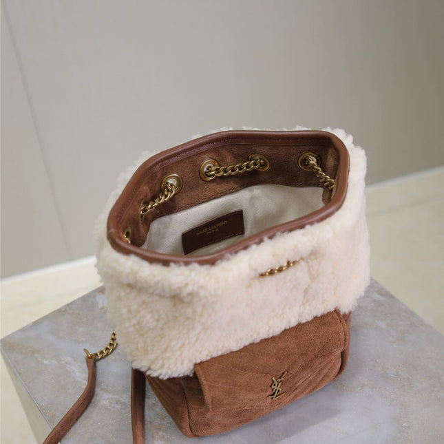 JOE MINI BUCKET BAG 19 IN WHITE SHEARLING AND BROWN SUEDE
