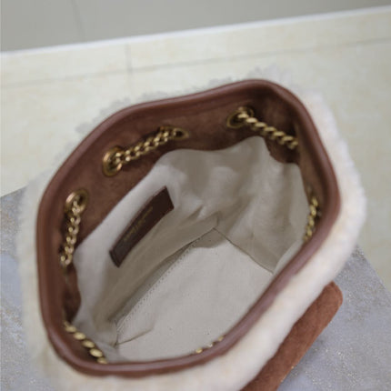 JOE MINI BUCKET BAG 19 IN WHITE SHEARLING AND BROWN SUEDE