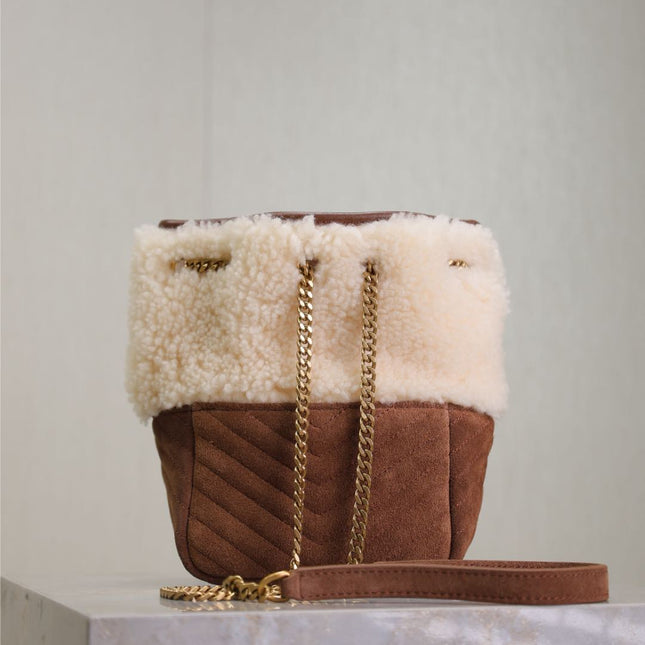 JOE MINI BUCKET BAG 19 IN WHITE SHEARLING AND BROWN SUEDE