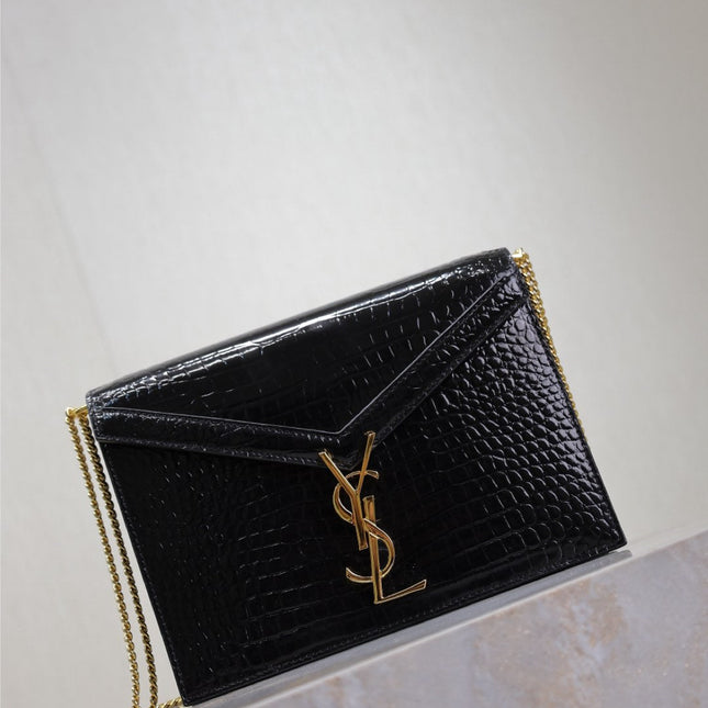 CASSANDRA CHAIN BAG 22 IN BLACK CROCODILE PATTERN CALFSKIN GOLD HARDWARE