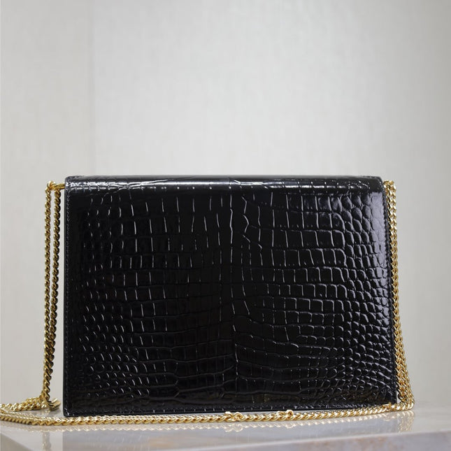 CASSANDRA CHAIN BAG 22 IN BLACK CROCODILE PATTERN CALFSKIN GOLD HARDWARE
