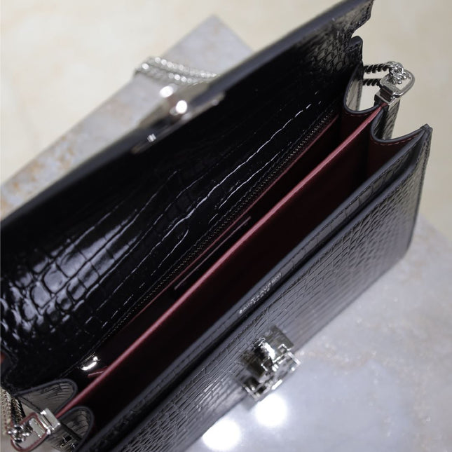 CASSANDRA CHAIN BAG 22 IN BLACK CROCODILE PATTERN CALFSKIN SILVER HARDWARE
