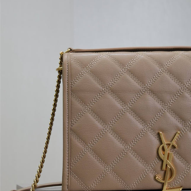 BECKY 25 IN MEDIUM BROWN QUILTED LAMBSKIN GOLD HARDWARE