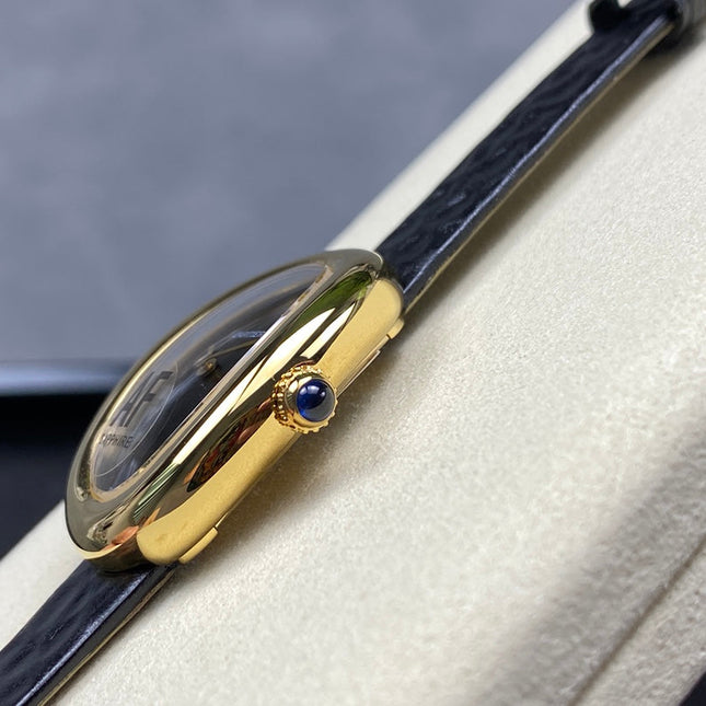 BAIGNOIRE MINI MODEL WATCH GOLD CASE WITH BLACK LEATHER STRAP