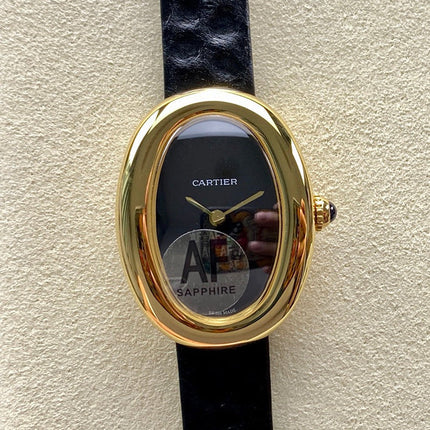 BAIGNOIRE MINI MODEL WATCH GOLD CASE WITH BLACK LEATHER STRAP
