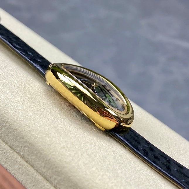BAIGNOIRE MINI MODEL WATCH GOLD CASE WITH BLACK LEATHER STRAP