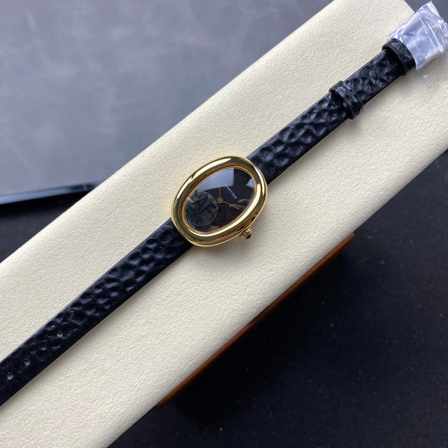 BAIGNOIRE MINI MODEL WATCH GOLD CASE WITH BLACK LEATHER STRAP