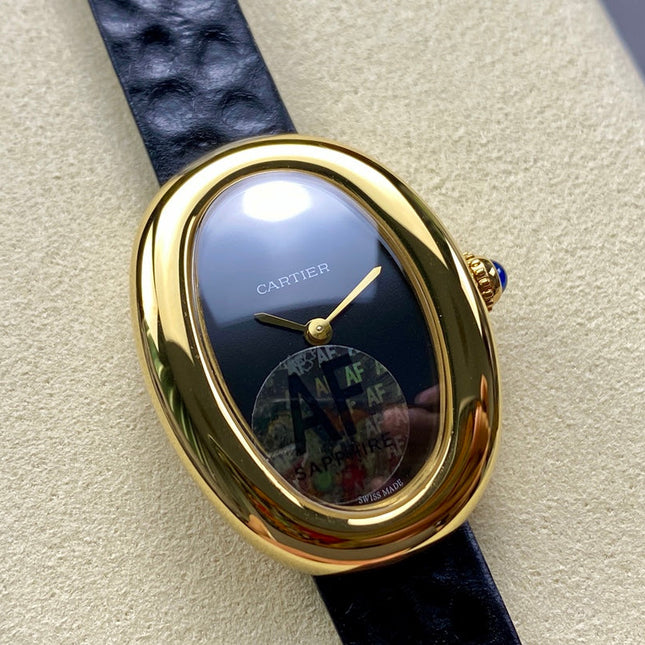 BAIGNOIRE MINI MODEL WATCH GOLD CASE WITH BLACK LEATHER STRAP
