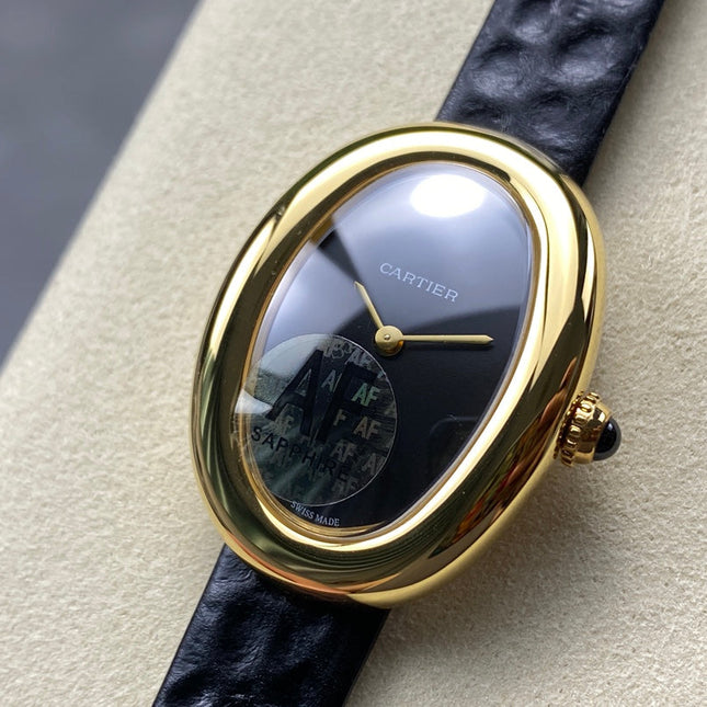 BAIGNOIRE MINI MODEL WATCH GOLD CASE WITH BLACK LEATHER STRAP