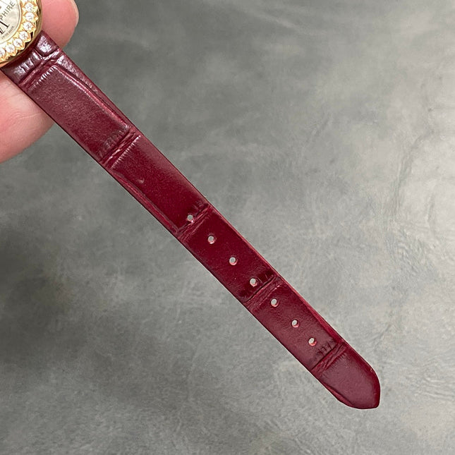 BAIGNOIRE MINI MODEL WATCH GOLD CASE WITH WINE RED LEATHER STRAP WITH CRYSTAL
