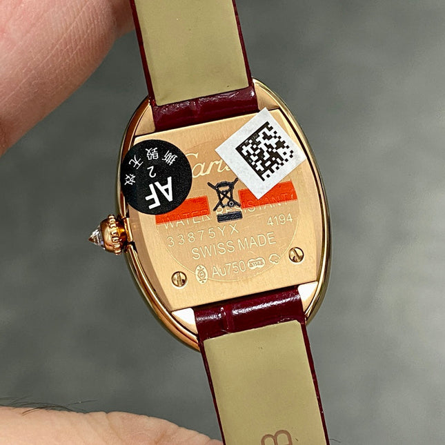 BAIGNOIRE MINI MODEL WATCH GOLD CASE WITH WINE RED LEATHER STRAP WITH CRYSTAL