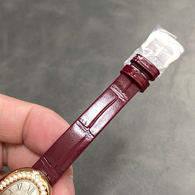 BAIGNOIRE MINI MODEL WATCH GOLD CASE WITH WINE RED LEATHER STRAP WITH CRYSTAL