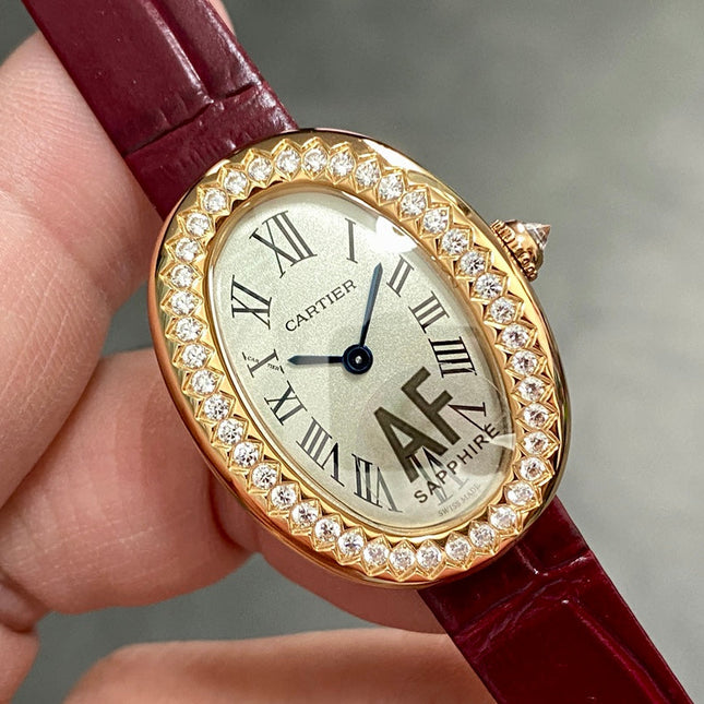 BAIGNOIRE MINI MODEL WATCH GOLD CASE WITH WINE RED LEATHER STRAP WITH CRYSTAL