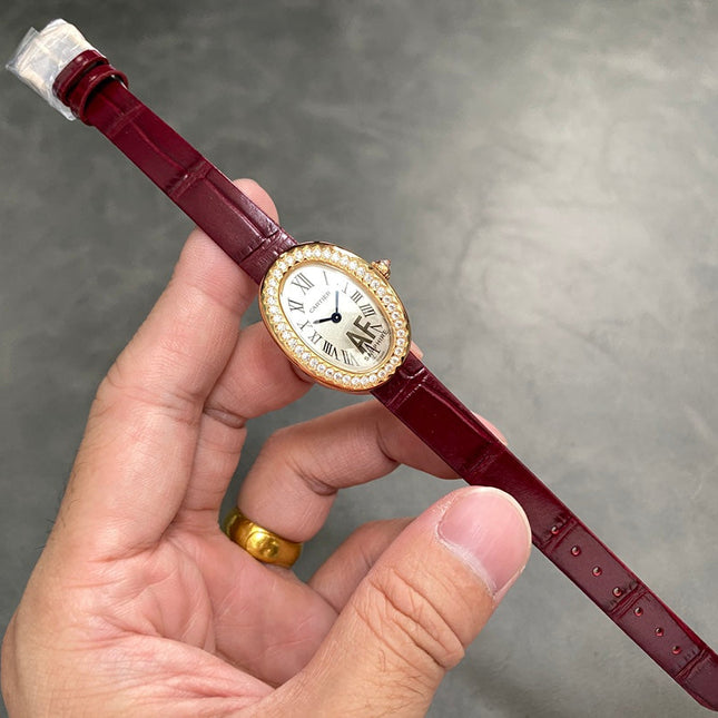BAIGNOIRE MINI MODEL WATCH GOLD CASE WITH WINE RED LEATHER STRAP WITH CRYSTAL
