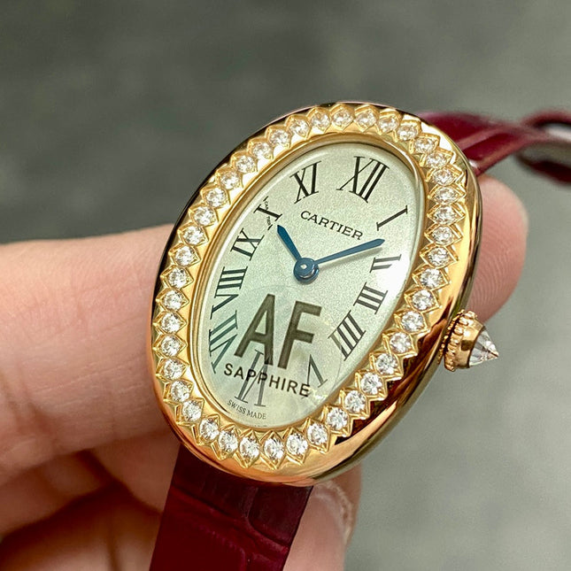 BAIGNOIRE MINI MODEL WATCH GOLD CASE WITH WINE RED LEATHER STRAP WITH CRYSTAL