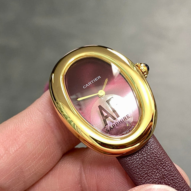 BAIGNOIRE MINI MODEL WATCH GOLD CASE WITH WINE RED LEATHER STRAP
