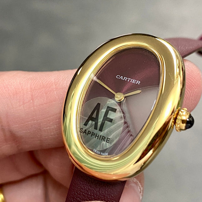 BAIGNOIRE MINI MODEL WATCH GOLD CASE WITH WINE RED LEATHER STRAP