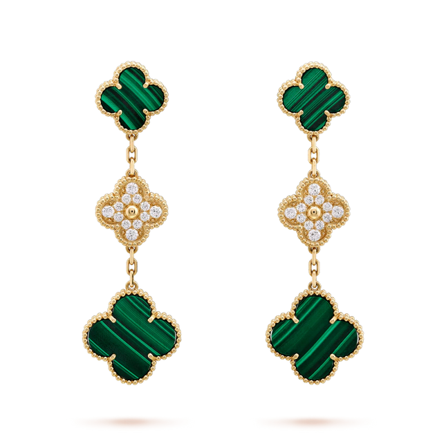 CLOVER EARRINGS GOLD MALACHITE DIAMOND 3 MOTIF